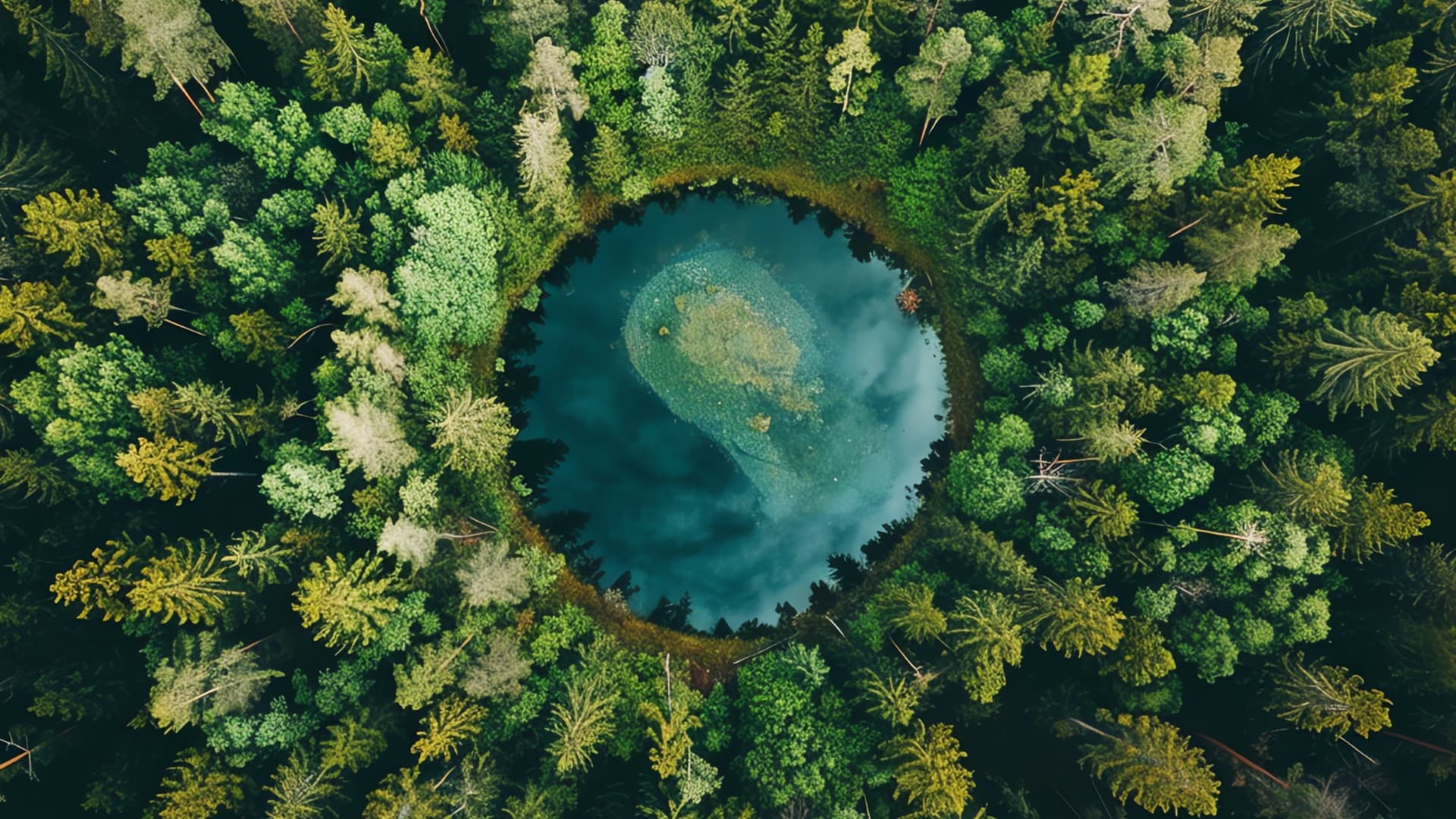 Aerial shot of circular pond in the middle of the forest